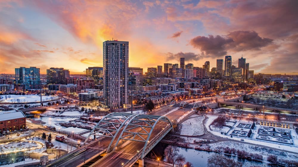 Denver skyline with the Front Range behind it