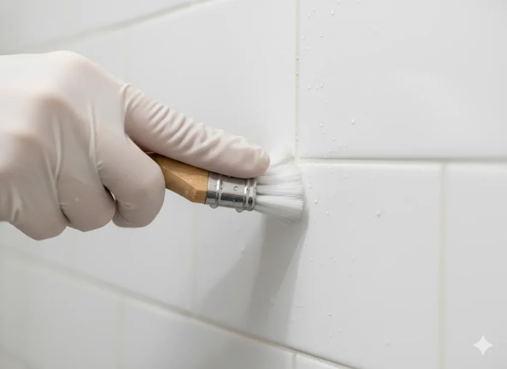 Close-up of professional cleaner scrubbing grout lines in a white tiled bathroom