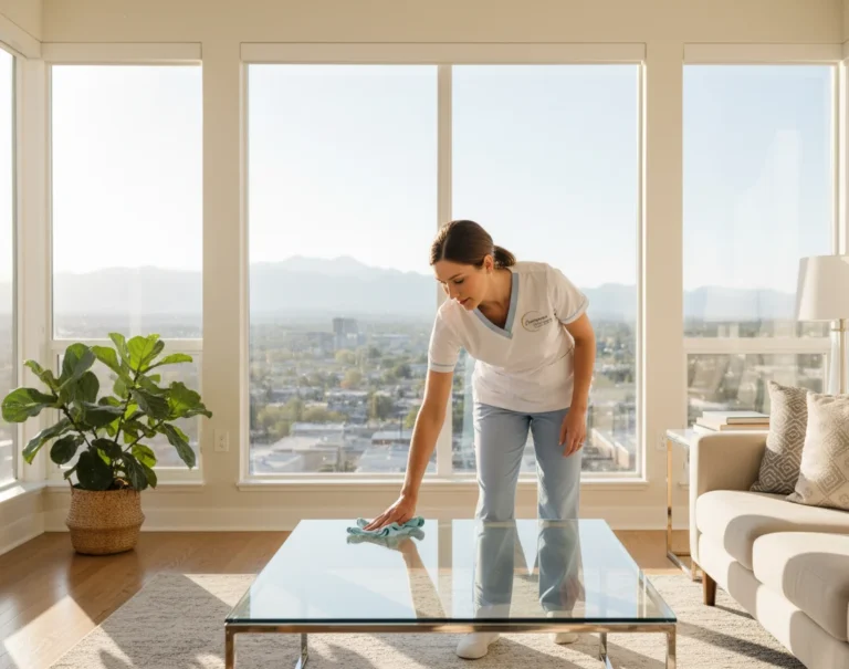Professional house cleaner deep cleaning a bright Denver living room with mountain views