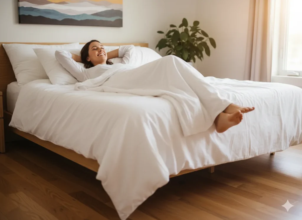 Happy homeowner relaxing in a freshly deep-cleaned Denver bedroom